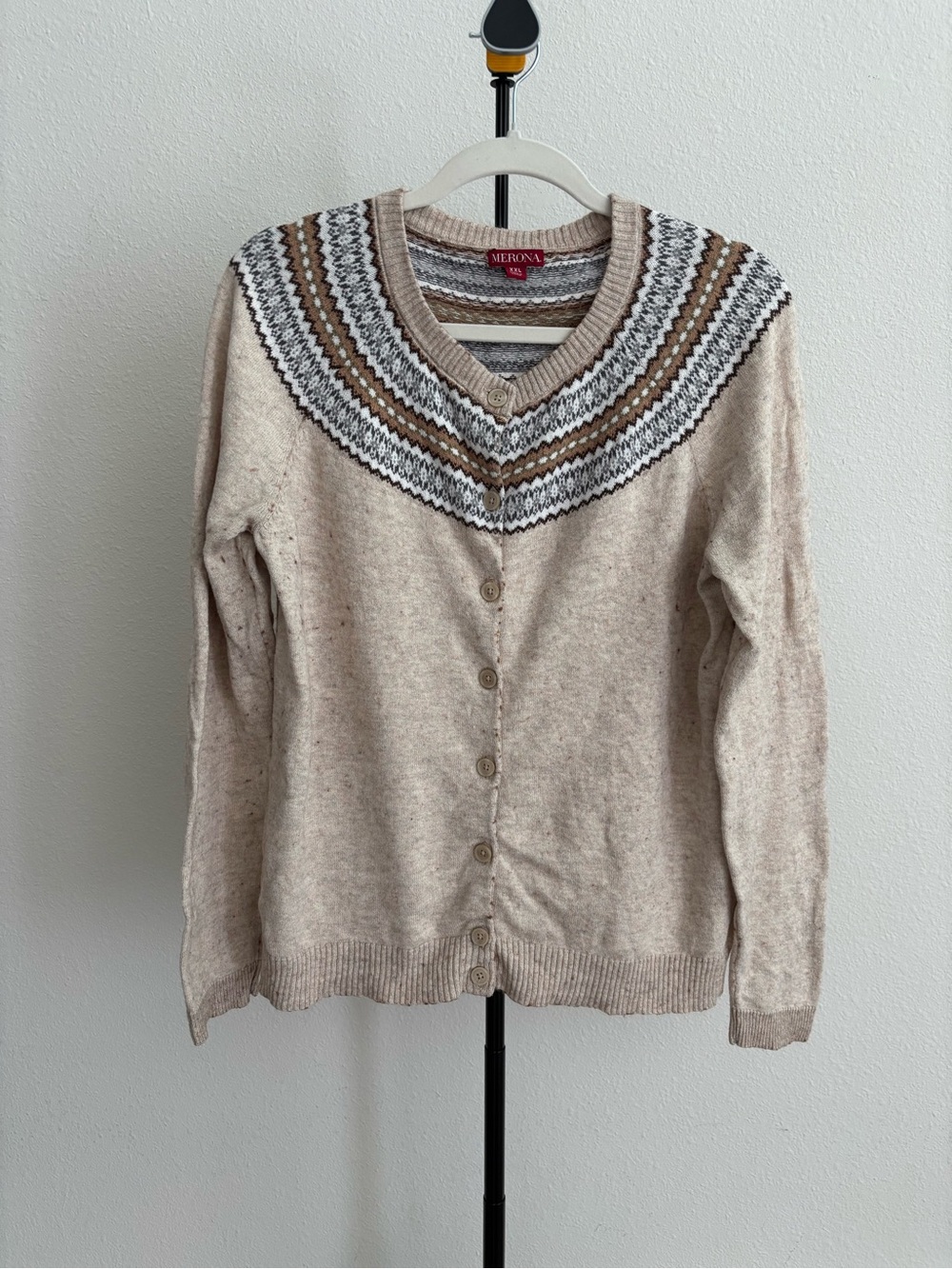 Merona XXL Fair Isle Cardigan Sweater Cotton Wool Beige Brown Nordic Knit